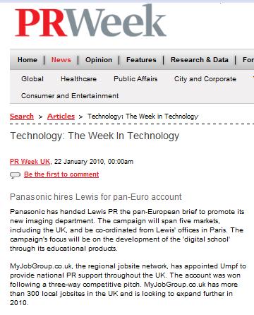 PR Week MyJobGroup appointment 22 Jan 2010